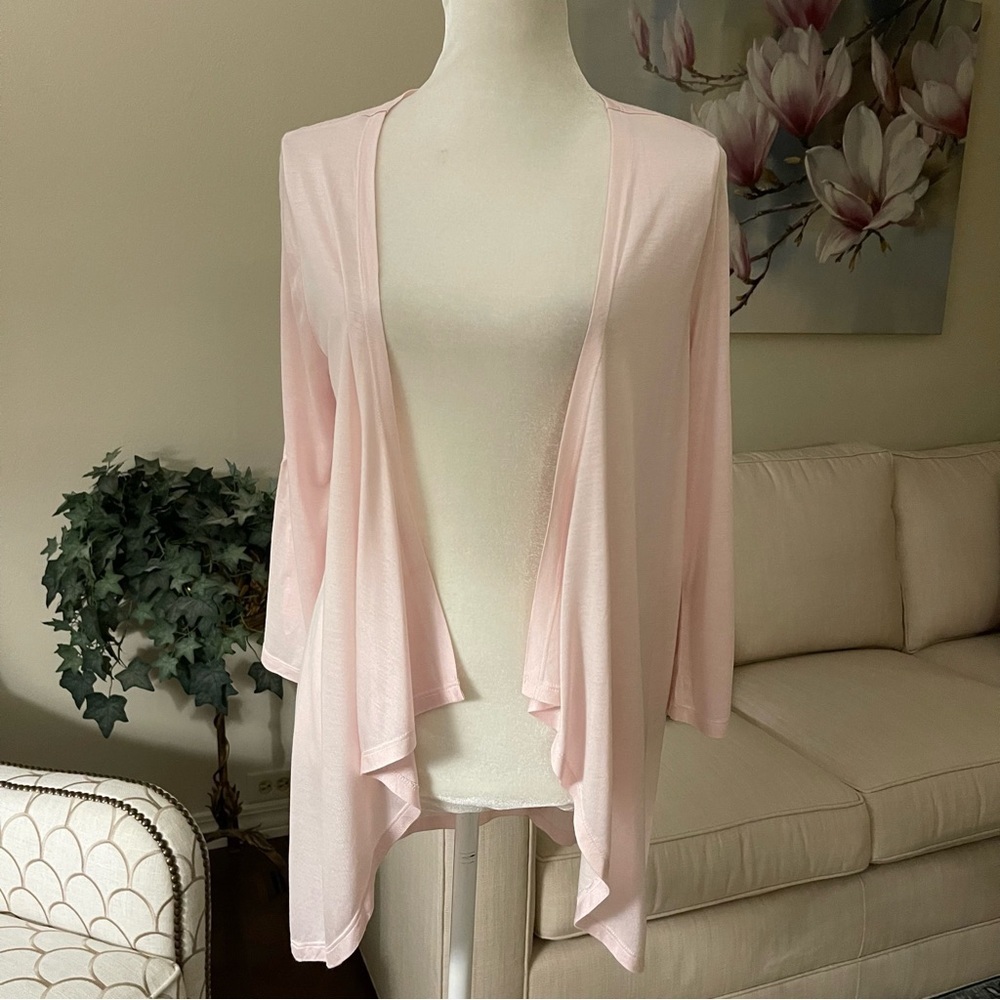 Coldwater Creek Open Front Lightweight Roll Tab Cardigan Tunic In Pale Pink
